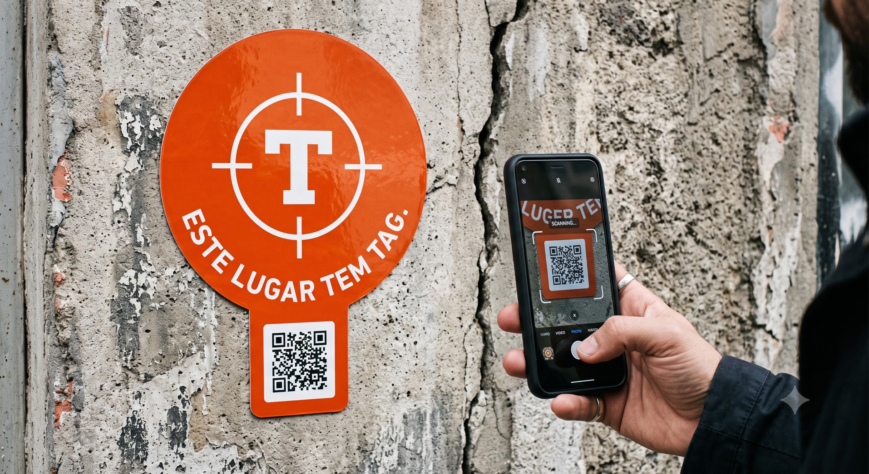 Pessoa escaneando o QR do adesivo no muro