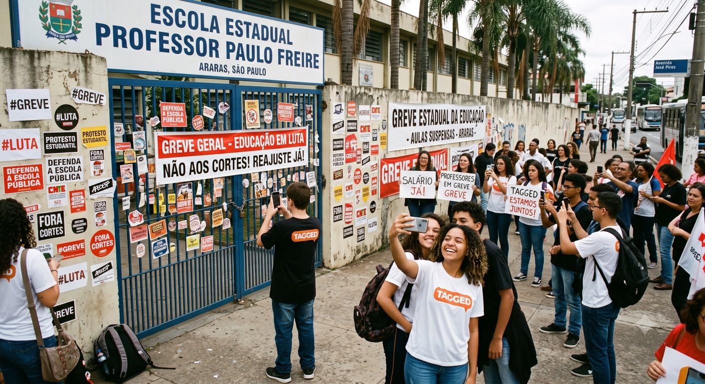 Portão de escola coberto de adesivos durante greve, estudantes de camiseta Tagged